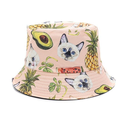 Beige Bucket Hat met Fruit en Kattenprint