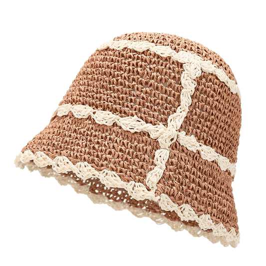 Beige Crochet Bucket Hat met Witte Lijn
