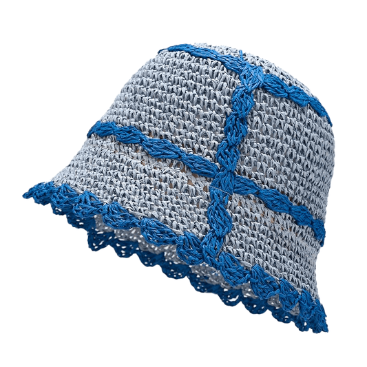 Blauwe Crochet Bucket Hat met Donkerblauwe Lijn