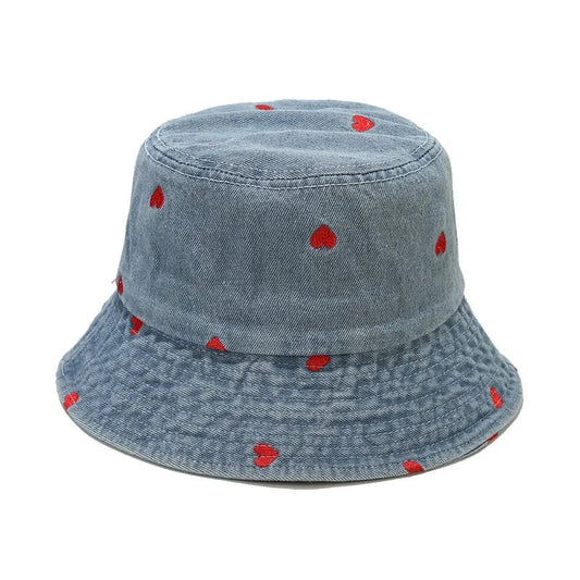 Blauwe Denim Bucket Hat met Hartjes