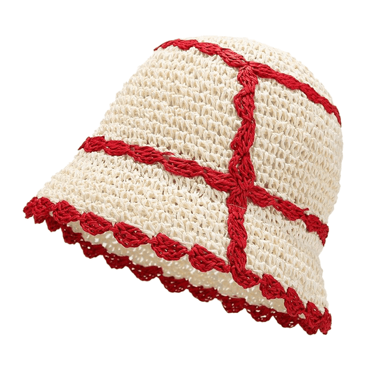 Crème Crochet Bucket Hat met Rode Lijn