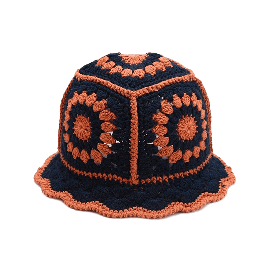 Donkerblauwe Crochet Bucket Hat met Oranje Bloempatroon