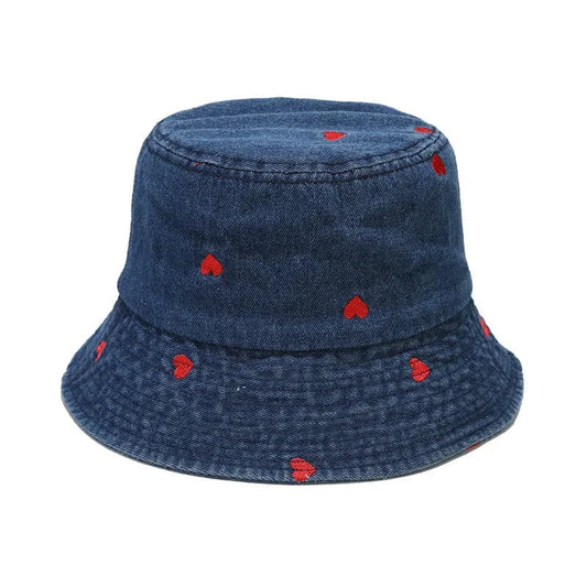 Donkerblauwe Denim Bucket Hat met Hartjes