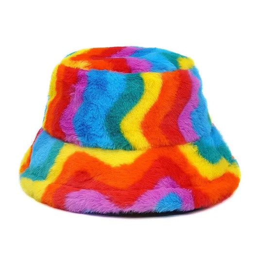 Fluffy Bucket Hat met Regenboogstrepen