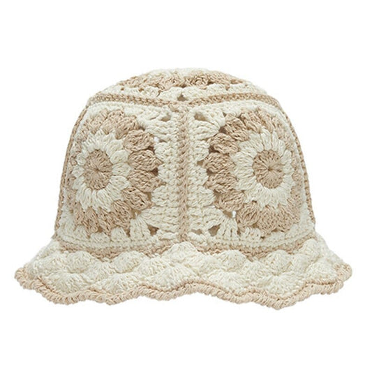 Off White Crochet Bucket Hat met Beige Bloempatroon
