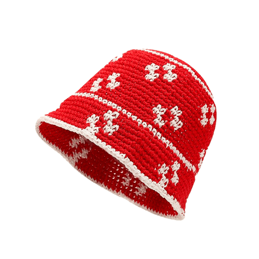 Rode Crochet Bucket Hat met Witte Bloemetjes