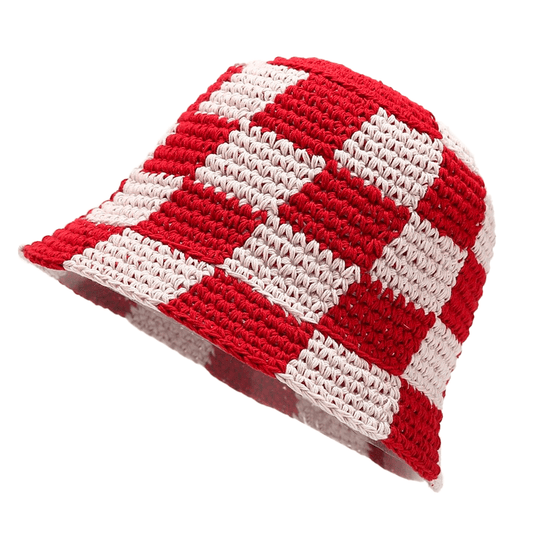 Rode Dambord Crochet Bucket Hat