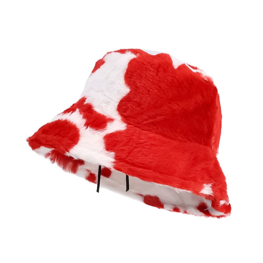 Rode Koe Print Fluffy Bucket Hat