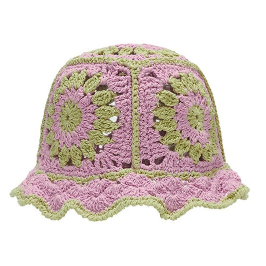 Roze Crochet Bucket Hat met Groene Bloempatroon