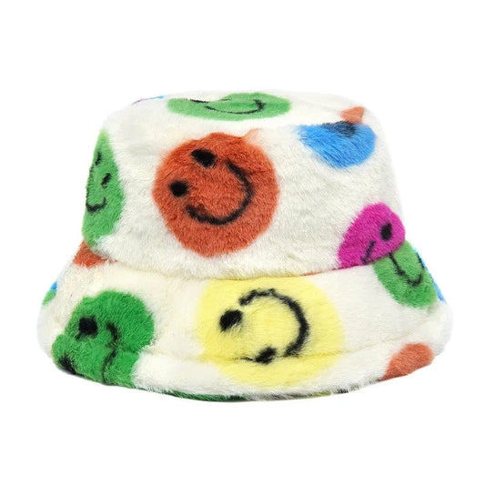 Witte Fluffy Bucket Hat met Smiley's