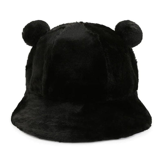 Zwart Fluffy Bucket Hat met Oortjes
