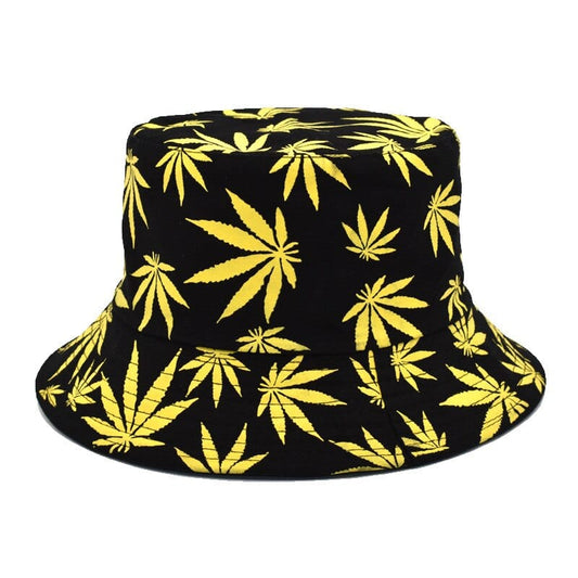 Zwarte Bucket Hat Met Gele Weedprint