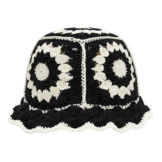 Zwarte Crochet Bucket Hat met Witte Bloempatroon