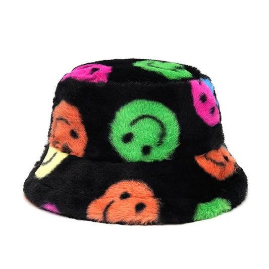 Zwarte Fluffy Bucket Hat met Smiley's