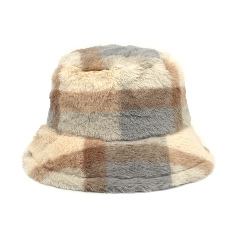 Beige Fluffy Bucket Hat met Flannelprint