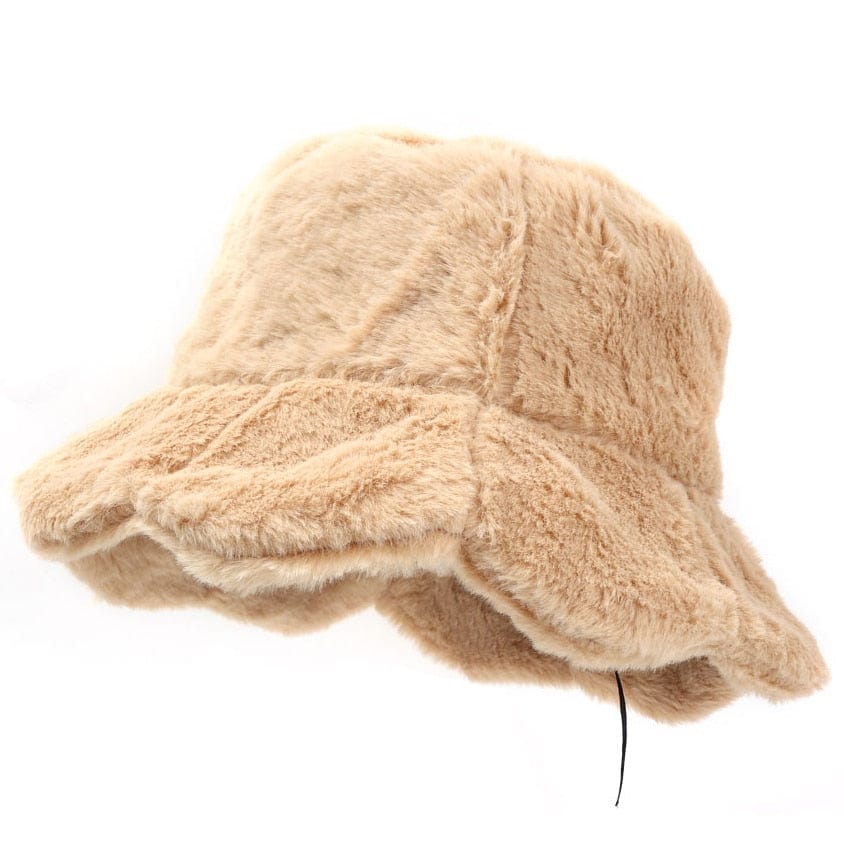 Beige Fluffy Bucket Hat met Grote Rand