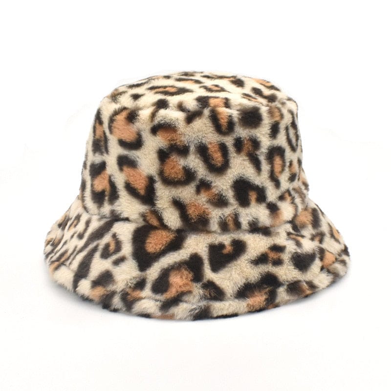 Beige Fluffy Bucket Hat Met Luipaardprint