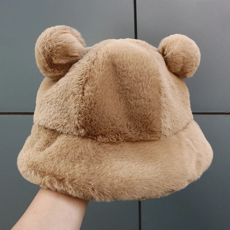 Beige Fluffy Bucket Hat met Oortjes