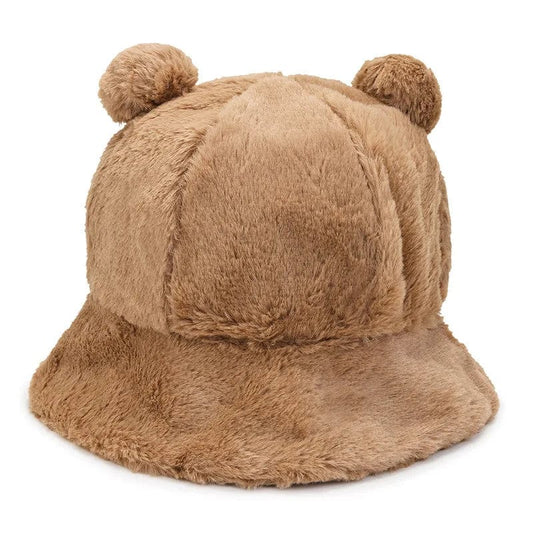 Beige Fluffy Bucket Hat met Oortjes