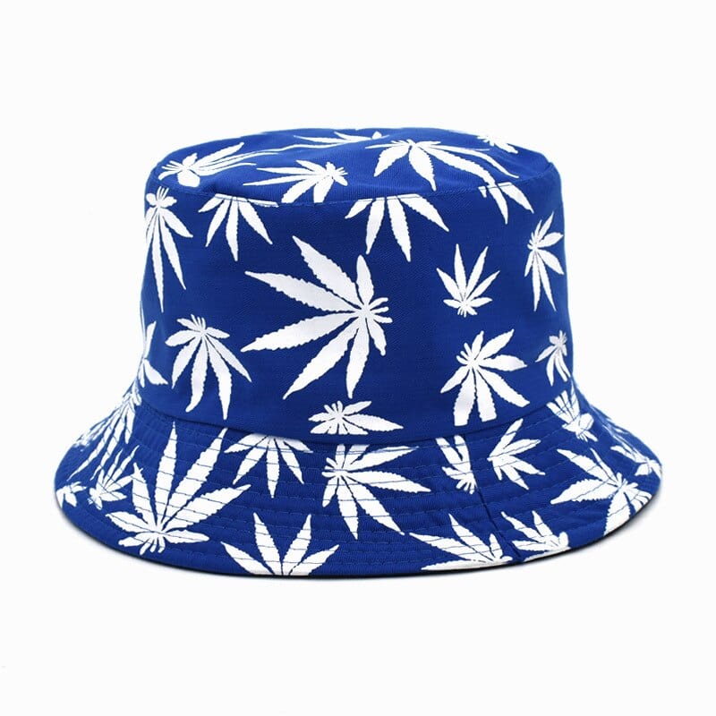 Blauwe Bucket Hat Met Witte Weedprint