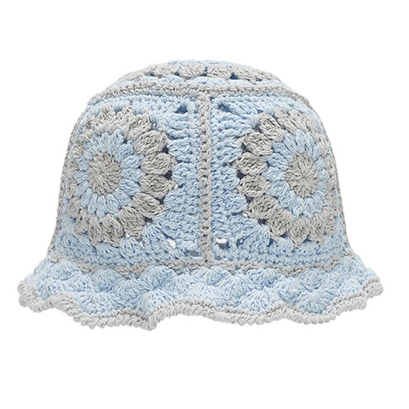 Blauwe Crochet Bucket Hat met Grijze Bloempatroon