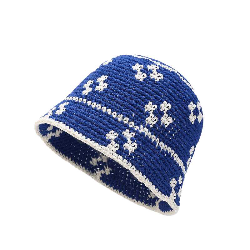 Blauwe Crochet Bucket Hat met Witte Bloemetjes