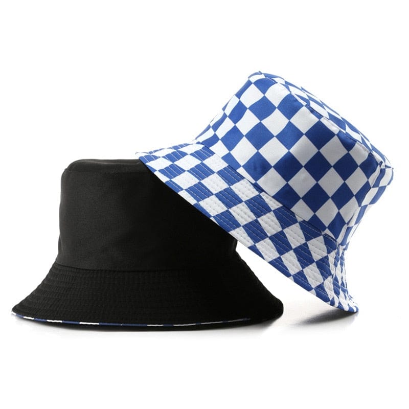 Blauwe Reversible Dambord Bucket Hat