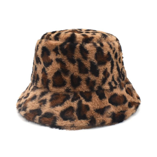 Bruine Fluffy Bucket Hat Met Luipaardprint