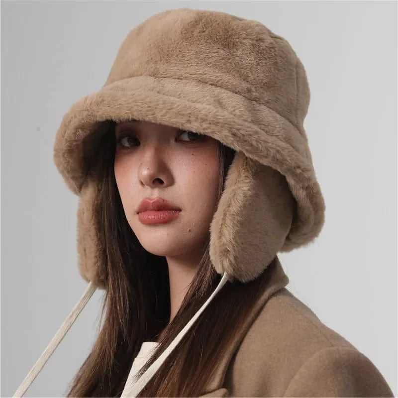 Bruine Fluffy Bucket Hat met Oorflappen