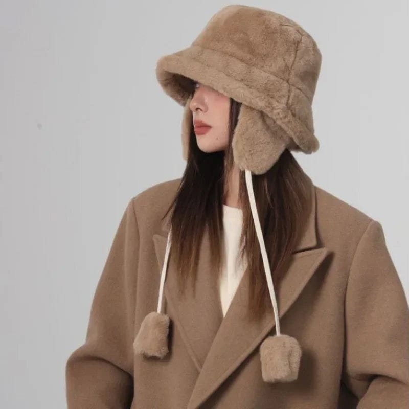 Bruine Fluffy Bucket Hat met Oorflappen