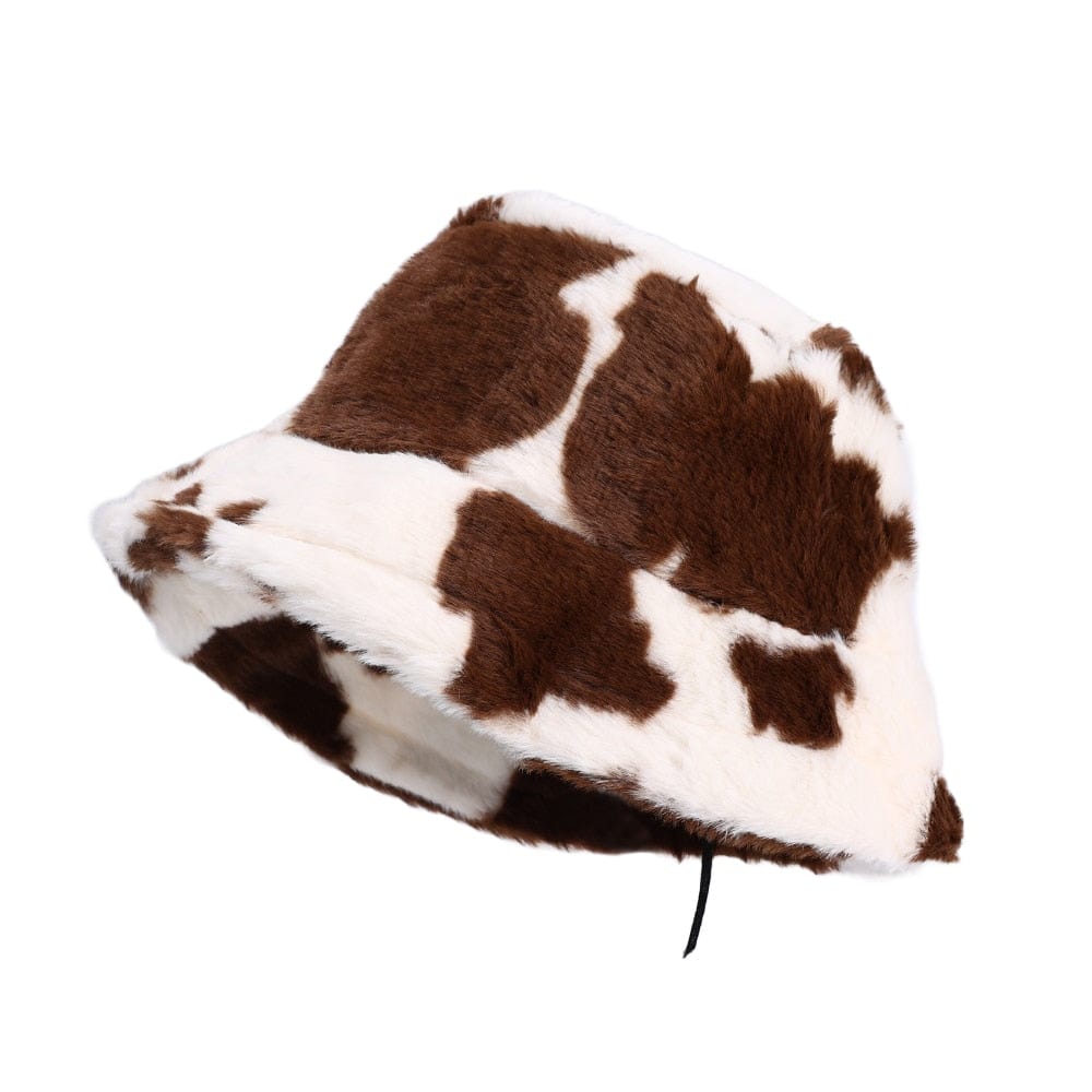 Bruine Koe Print Fluffy Bucket Hat