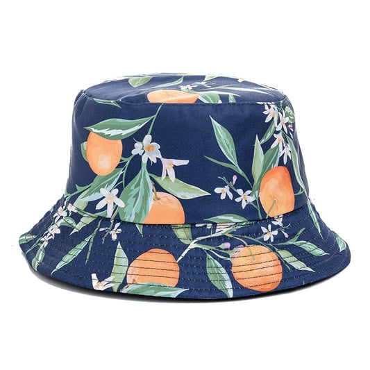 Donkerblauwe Bucket Hat met Sinaasappelprint