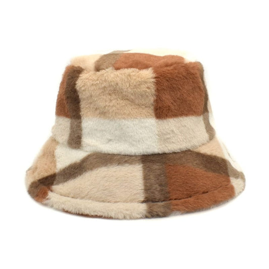 Fluffy Bucket Hat met Beige Flannelmotief