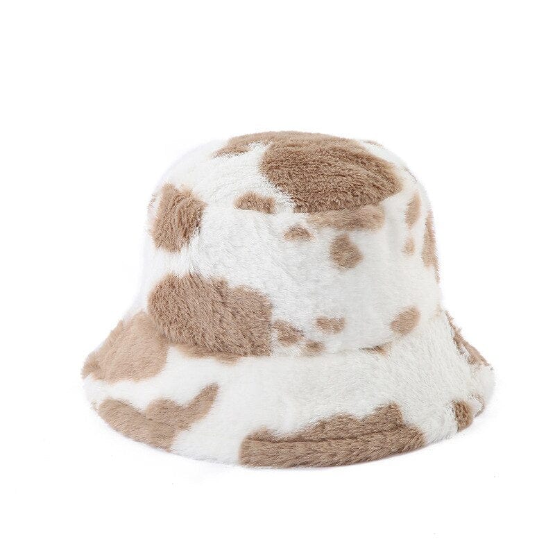 Fluffy Bucket Hat Met Beige Koeprint