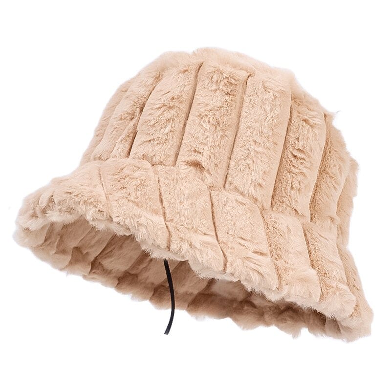 Gestreepte Beige Fluffy Bucket Hat