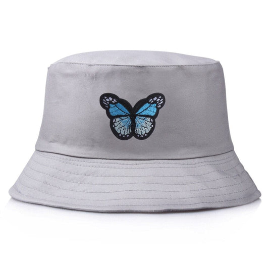 Grijze Bucket Hat met Blauwe Vlinder