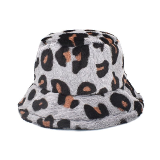 Grijze Fluffy Bucket Hat Met Luipaardprint