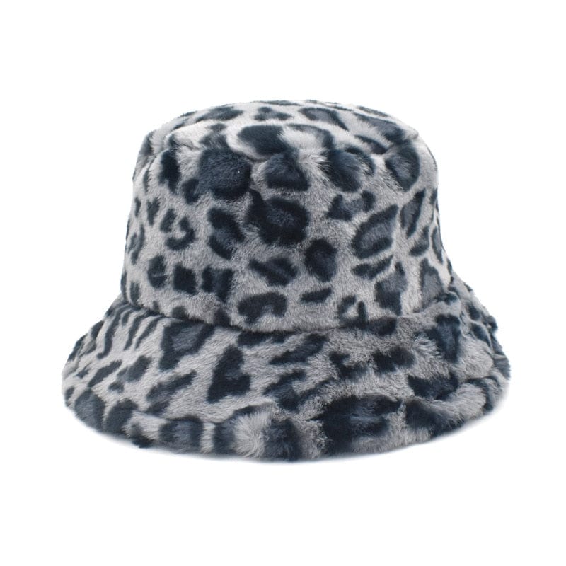 Grijze Fluffy Bucket Hat met Panterprint