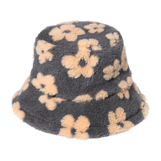 Grijze Teddy Bucket Hat met Beige Bloemen