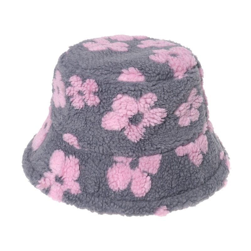 Grijze Teddy Bucket Hat met Roze Bloemen