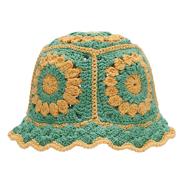 Groene Crochet Bucket Hat met Geel Bloempatroon