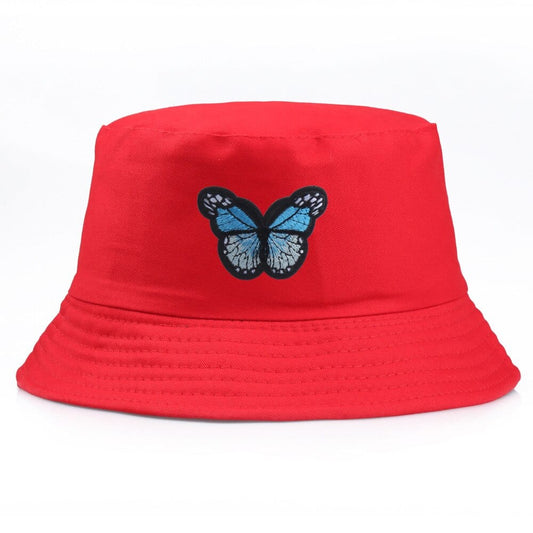 Rode Bucket Hat met Blauwe Vlinder