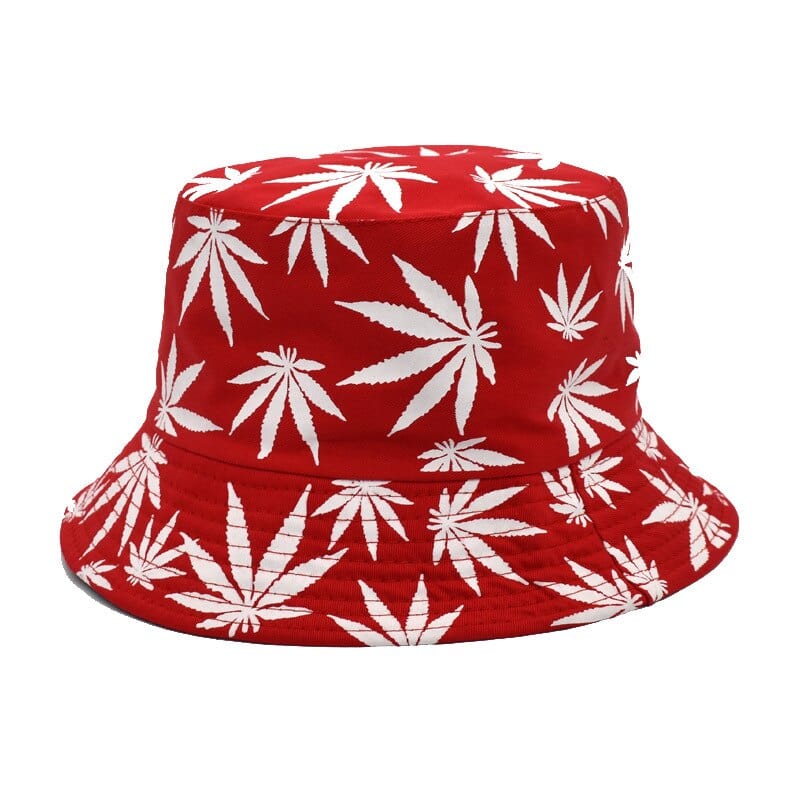 Rode Bucket Hat Met Witte Weedprint