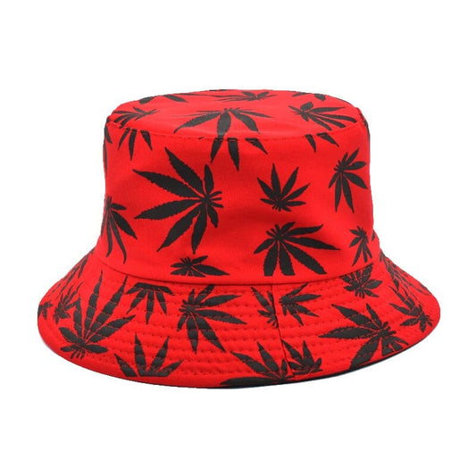 Rode Bucket Hat Met Zwarte Weedprint