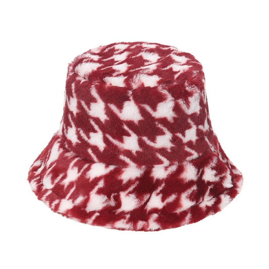 Rode Fluffy Bucket Hat met Pied-de-poule Motief