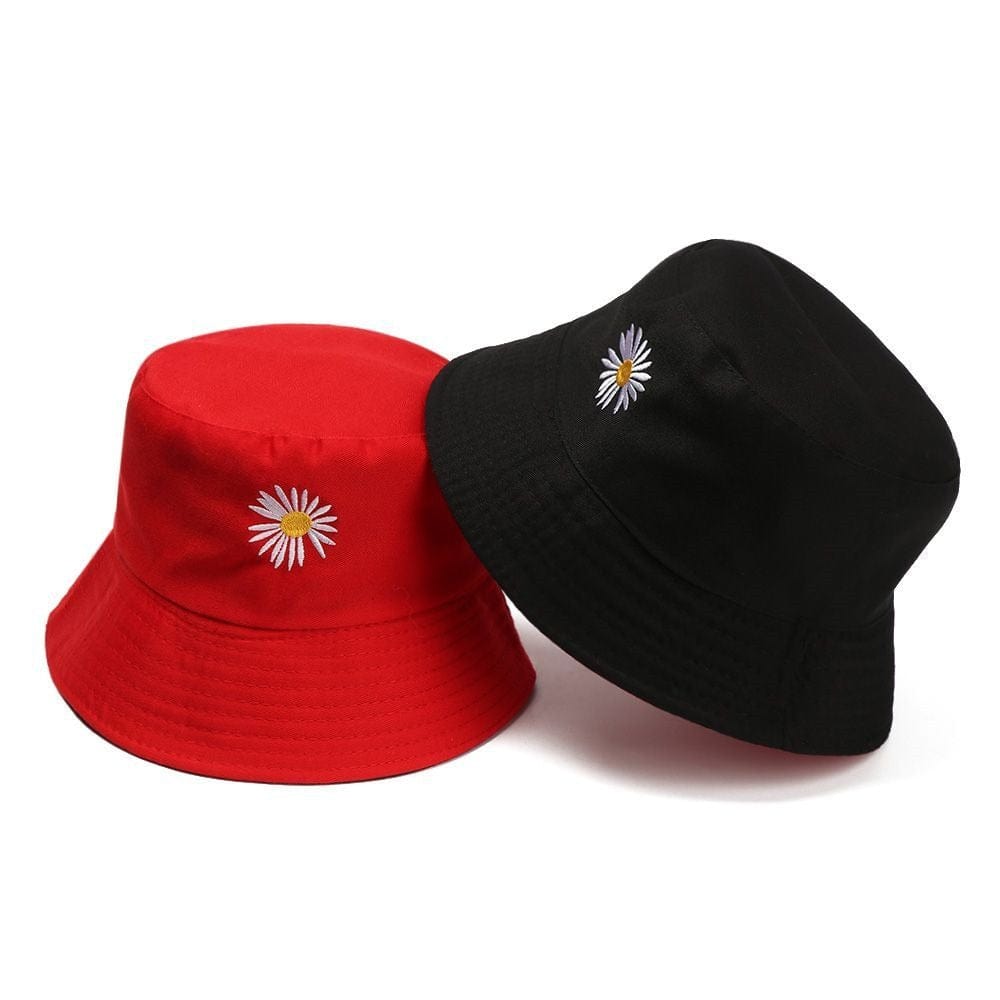 Rood en Zwart Reversible Bucket Hat met Bloemetje