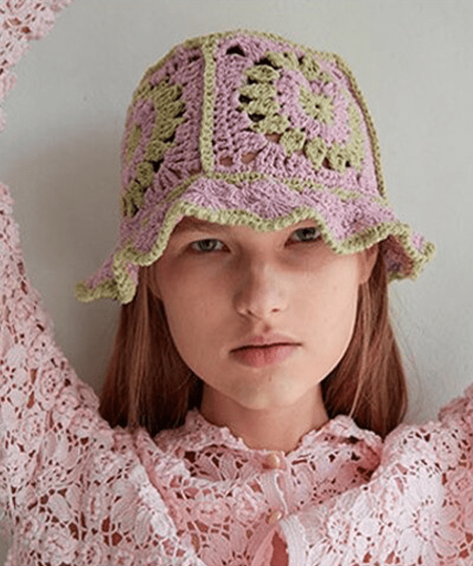 Roze Crochet Bucket Hat met Groene Bloempatroon