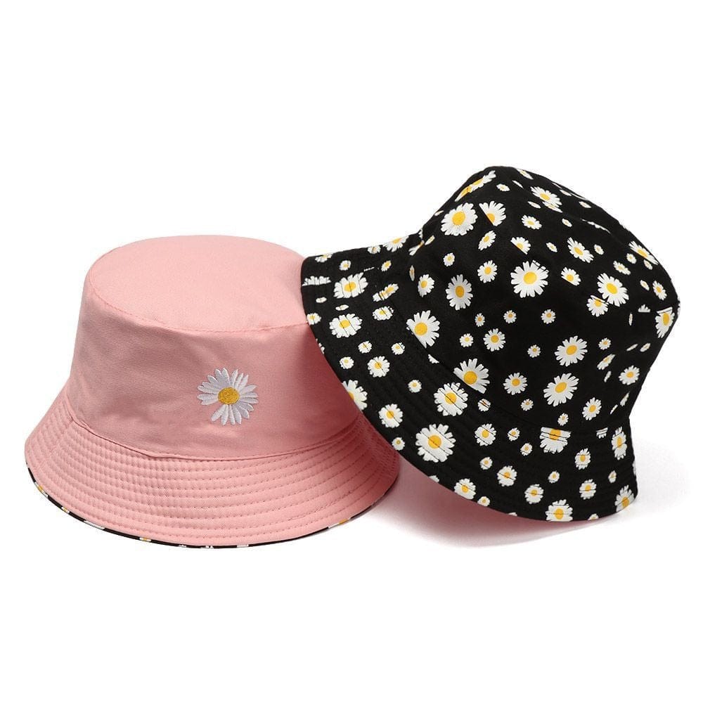 Roze en Zwart Reversible Bucket Hat met Bloemetjes