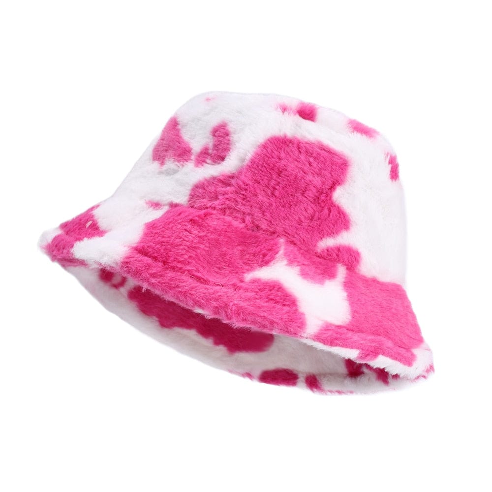 Roze Fluffy Bucket Hat met Koeprint