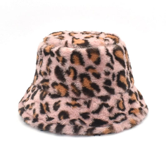 Roze Fluffy Bucket Hat met Luipaardprint